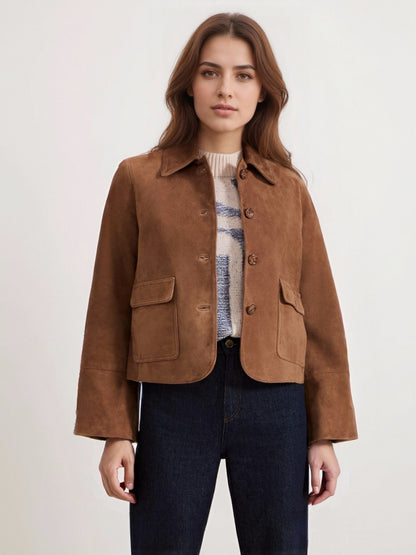 Cropped Suede Jacket with Lapel Collar and Flared Sleeves