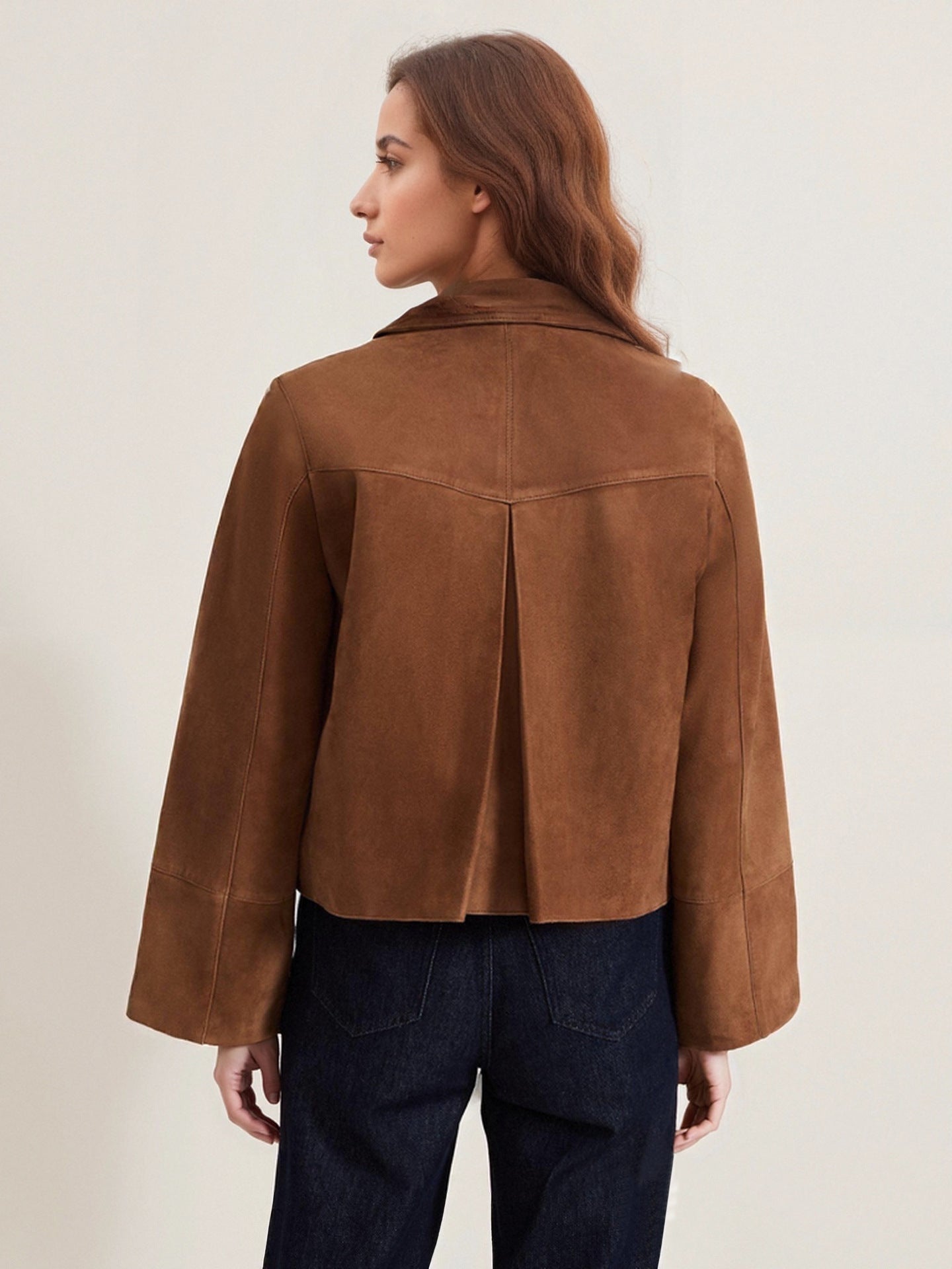 Cropped Suede Jacket with Lapel Collar and Flared Sleeves