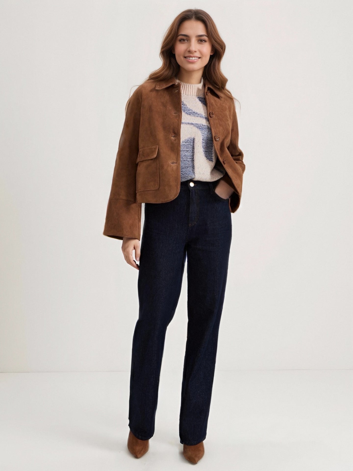 Cropped Suede Jacket with Lapel Collar and Flared Sleeves