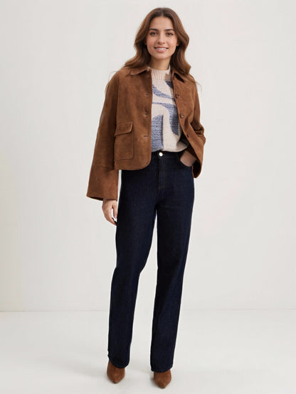 Cropped Suede Jacket with Lapel Collar and Flared Sleeves
