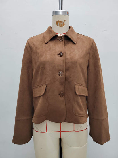 Cropped Suede Jacket with Lapel Collar and Flared Sleeves