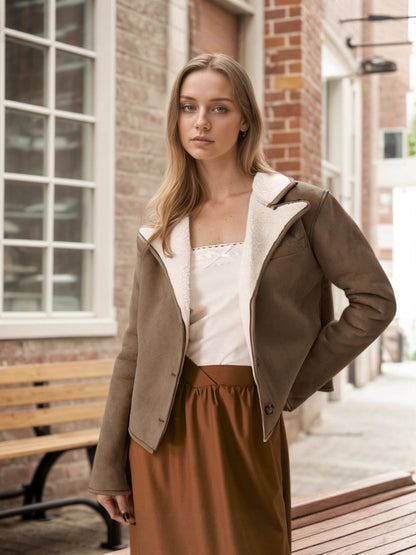 Suede Jacket with Fleece Lining and Lapel Collar