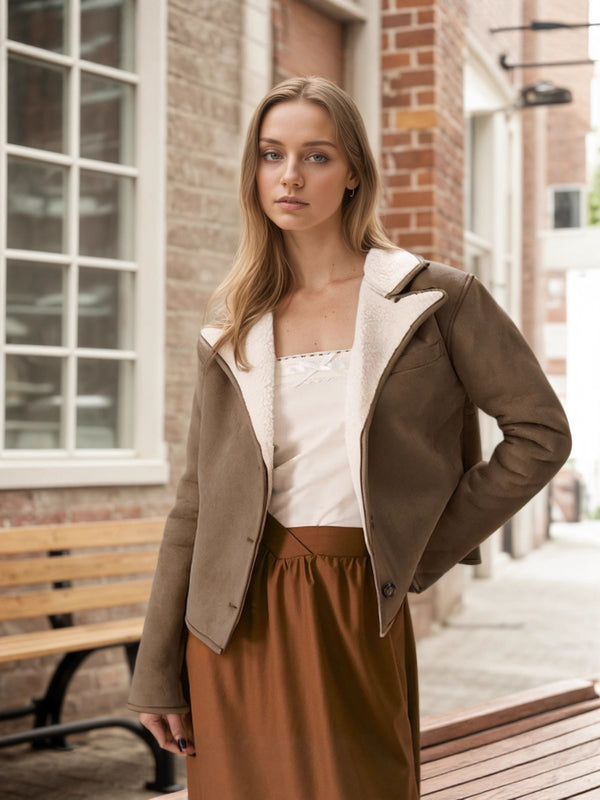 Suede Jacket with Fleece Lining and Lapel Collar