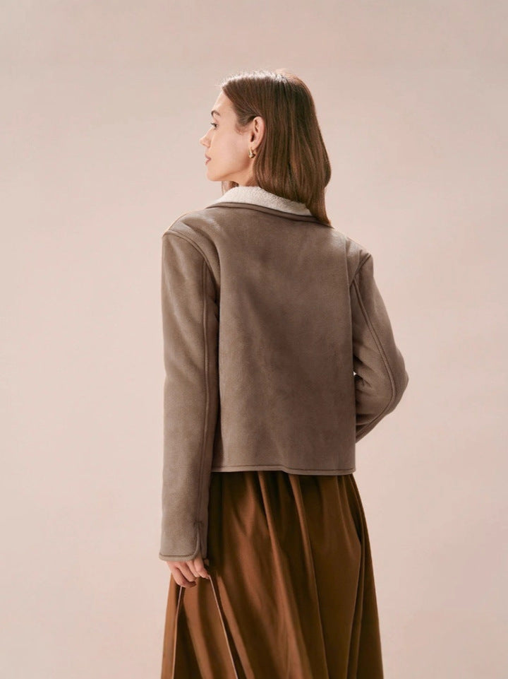 Suede Jacket with Fleece Lining and Lapel Collar