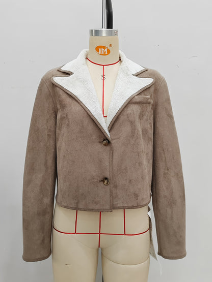 Suede Jacket with Fleece Lining and Lapel Collar