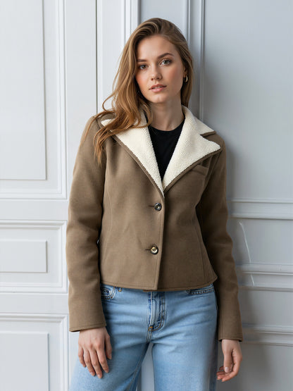 Suede Jacket with Fleece Lining and Lapel Collar