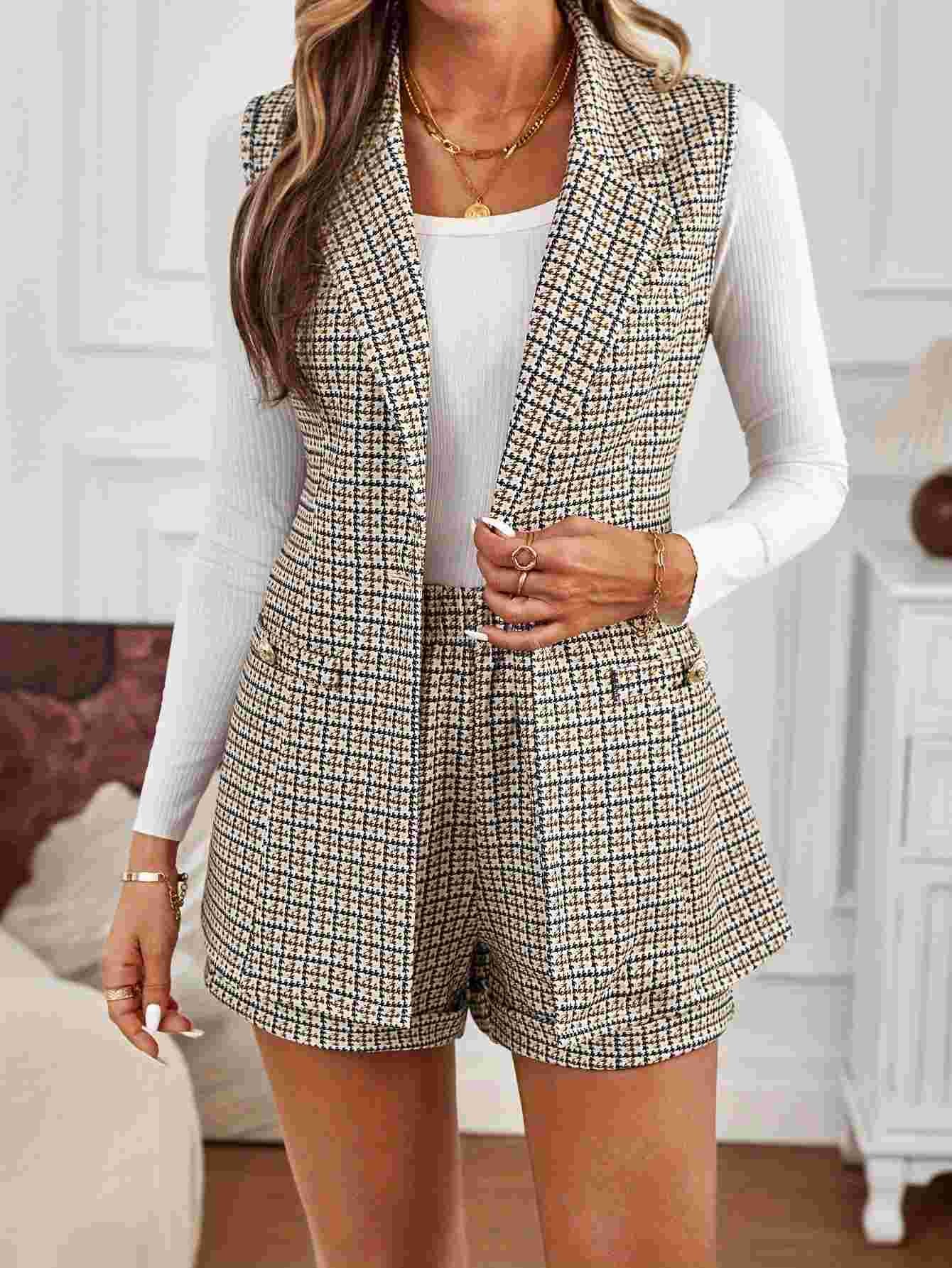 Houndstooth Vest Shorts Suit with Lapel and Self-Tie Waist