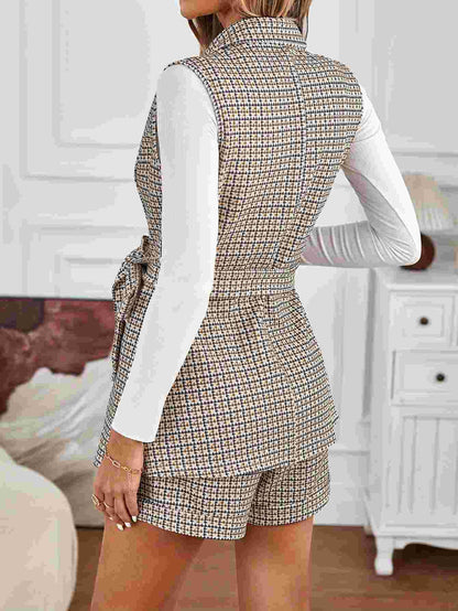 Houndstooth Vest Shorts Suit with Lapel and Self-Tie Waist