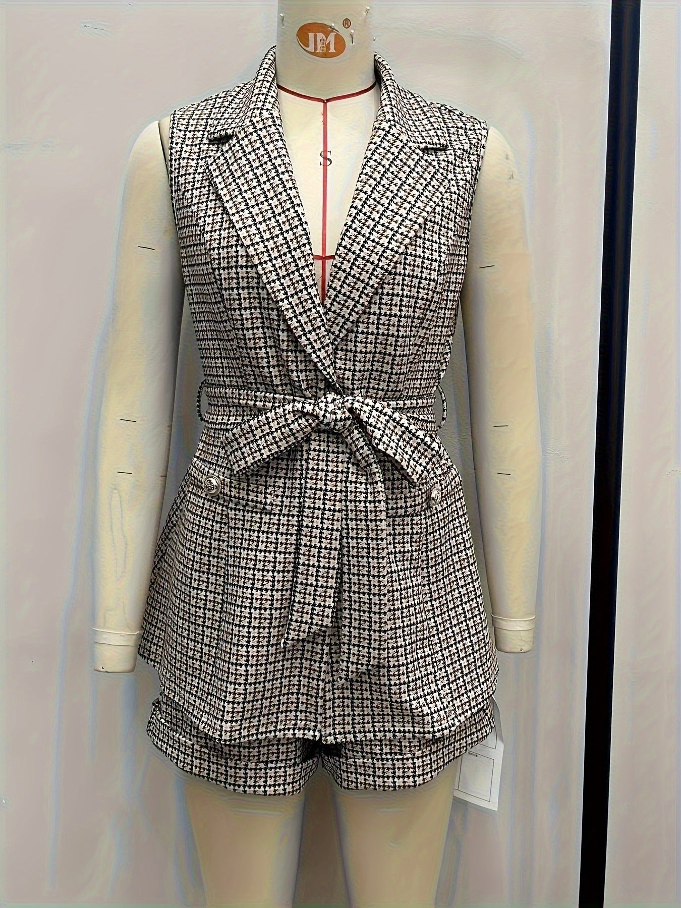 Houndstooth Vest Shorts Suit with Lapel and Self-Tie Waist