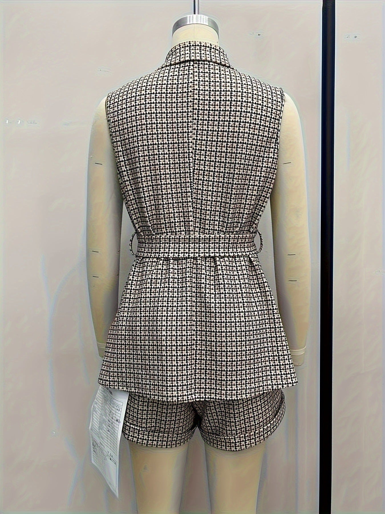 Houndstooth Vest Shorts Suit with Lapel and Self-Tie Waist
