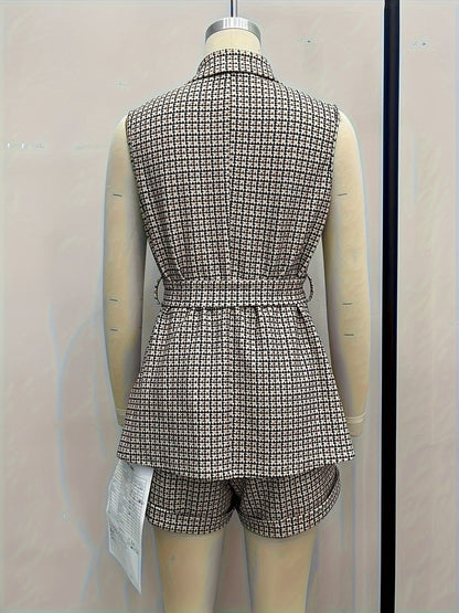 Houndstooth Vest Shorts Suit with Lapel and Self-Tie Waist
