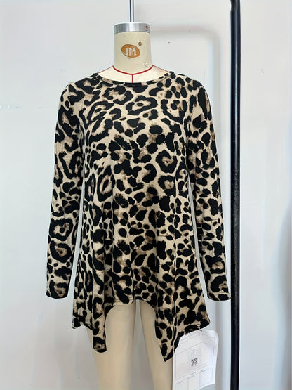 Leopard Print Tunic Top with Loose Fit and Asymmetrical Hem