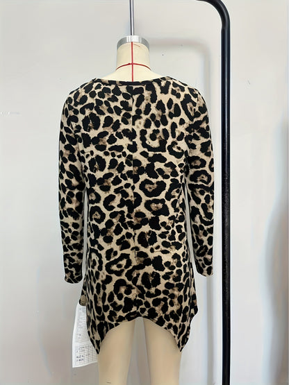 Leopard Print Tunic Top with Loose Fit and Asymmetrical Hem