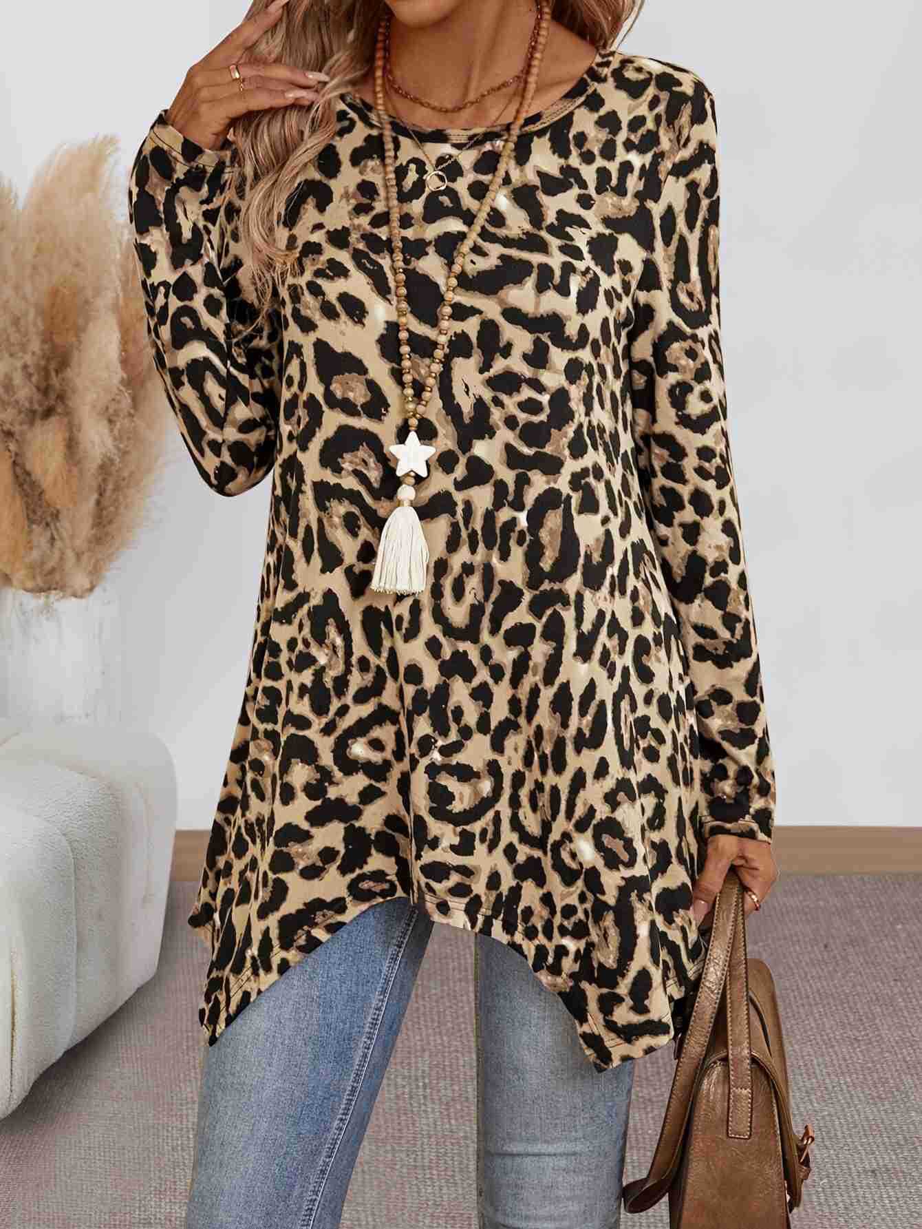 Leopard Print Tunic Top with Loose Fit and Asymmetrical Hem