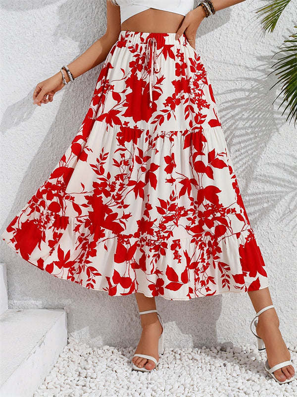 Floral Printed Tiered Maxi Skirt with Drawstring Waist
