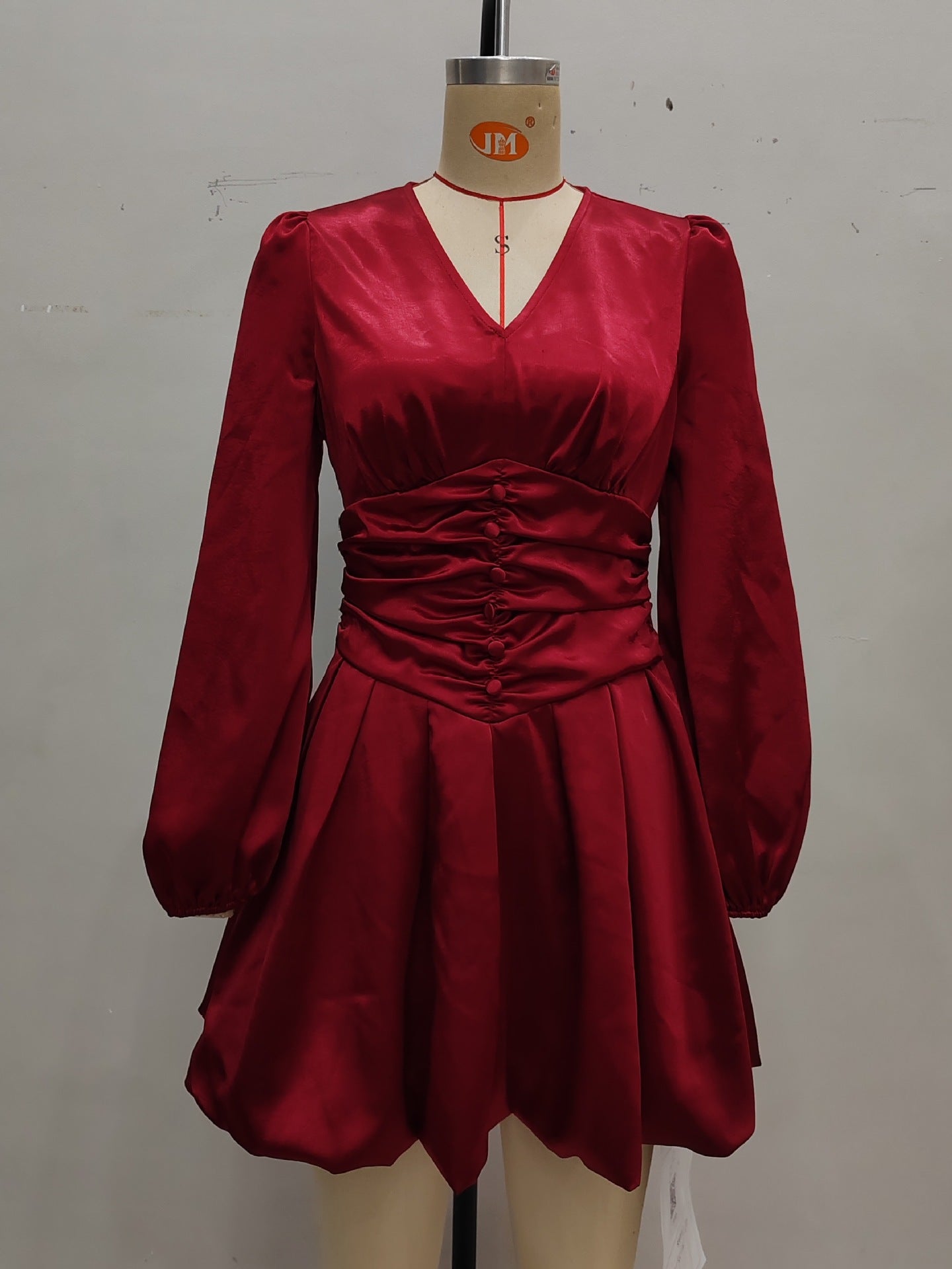Satin Fit-and-Flare Mini Dress with Ruched Waist and Lantern Sleeves