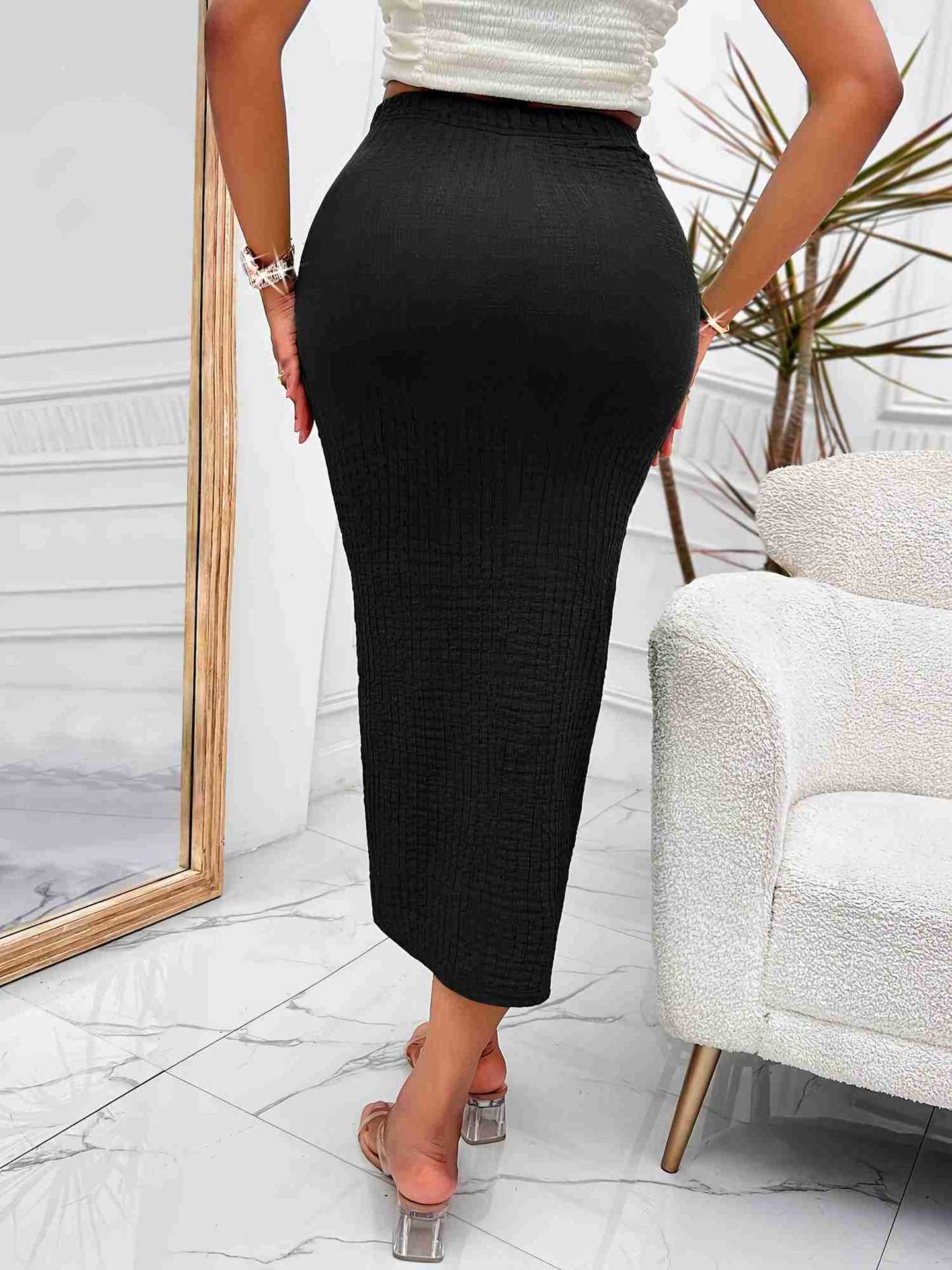 Bodycon Ribbed Knit Midi Skirt with Twisted Front Slit