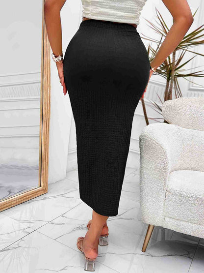 Bodycon Ribbed Knit Midi Skirt with Twisted Front Slit