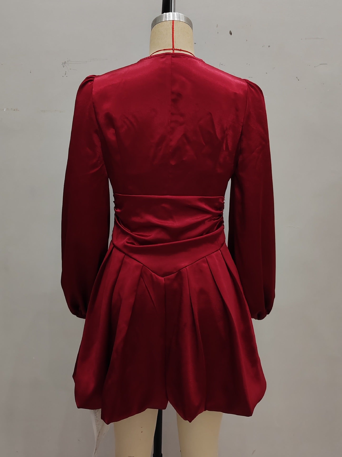 Satin Fit-and-Flare Mini Dress with Ruched Waist and Lantern Sleeves