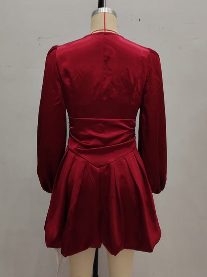 Satin Fit-and-Flare Mini Dress with Ruched Waist and Lantern Sleeves