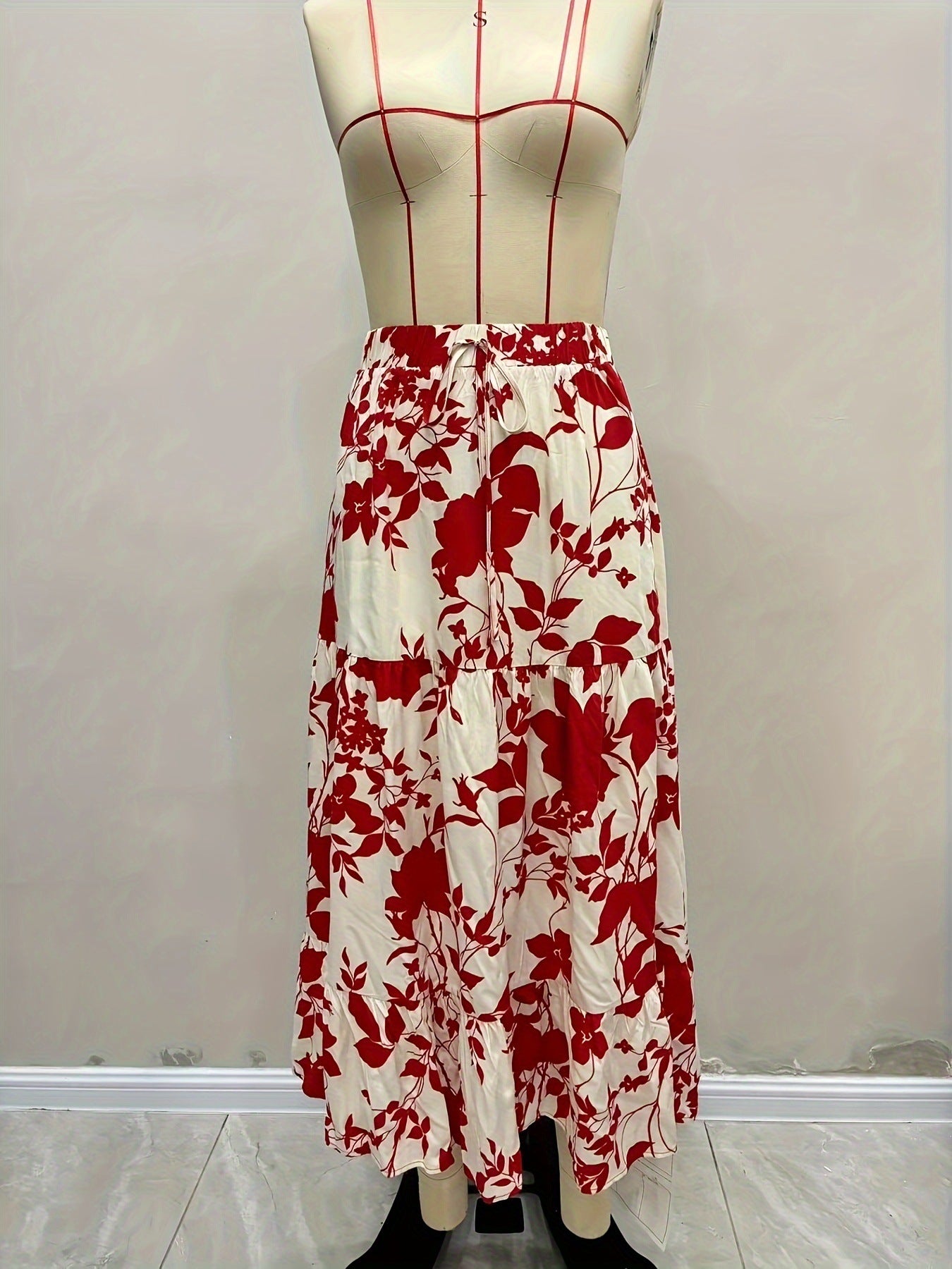 Floral Printed Tiered Maxi Skirt with Drawstring Waist