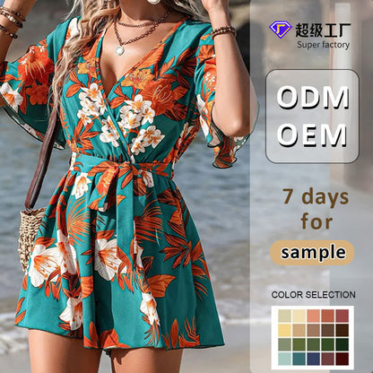 Floral Print Playsuit with V-Neck Wrap and Tie-Waist