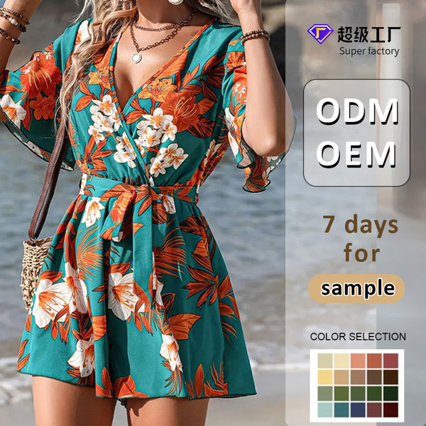 Floral Print Playsuit with V-Neck Wrap and Tie-Waist