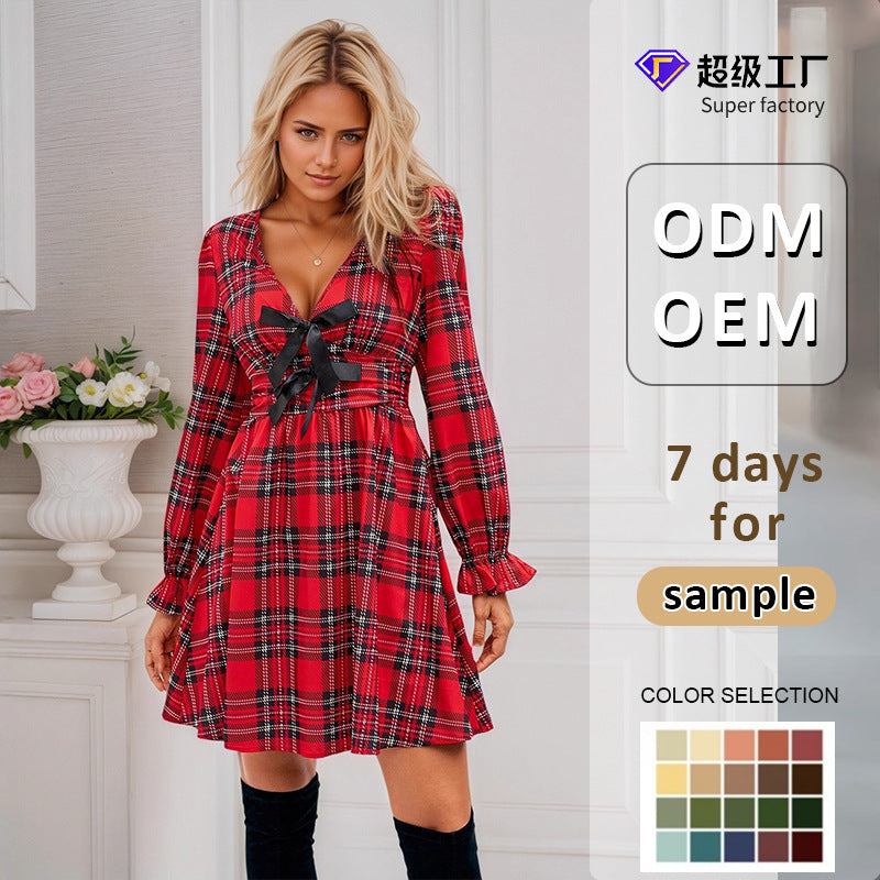 Plaid A-Line Mini Dress with V-Neck and Lantern Sleeves