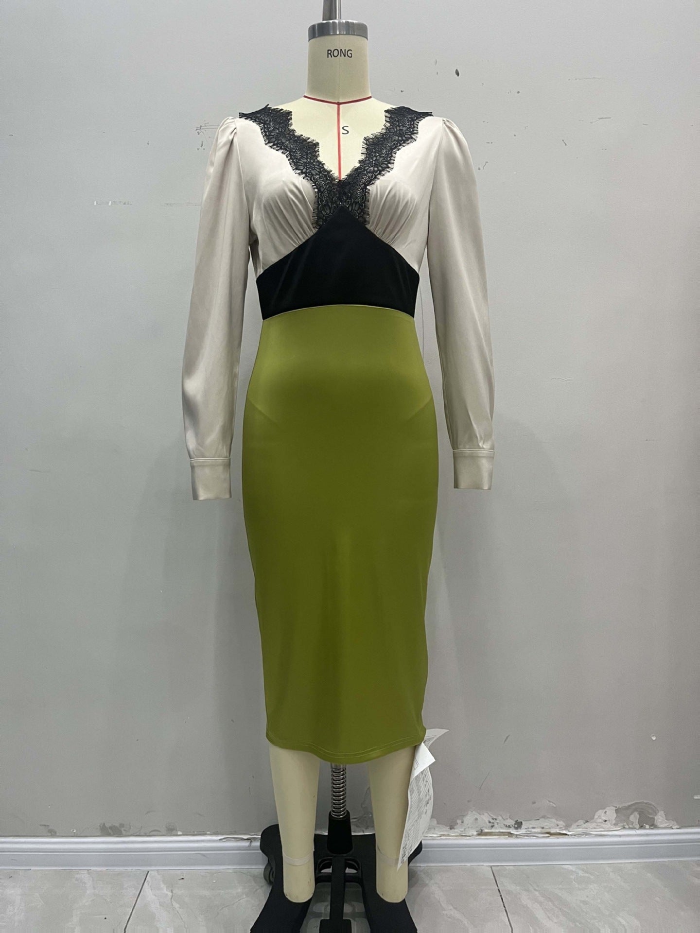 Colorblock Satin Midi Dress with Lace V-Neck