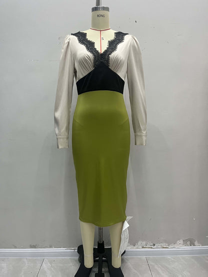 Colorblock Satin Midi Dress with Lace V-Neck
