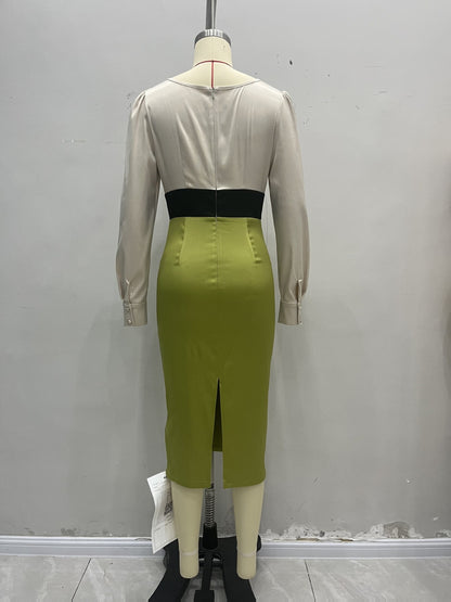 Colorblock Satin Midi Dress with Lace V-Neck