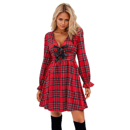 Plaid A-Line Mini Dress with V-Neck and Lantern Sleeves
