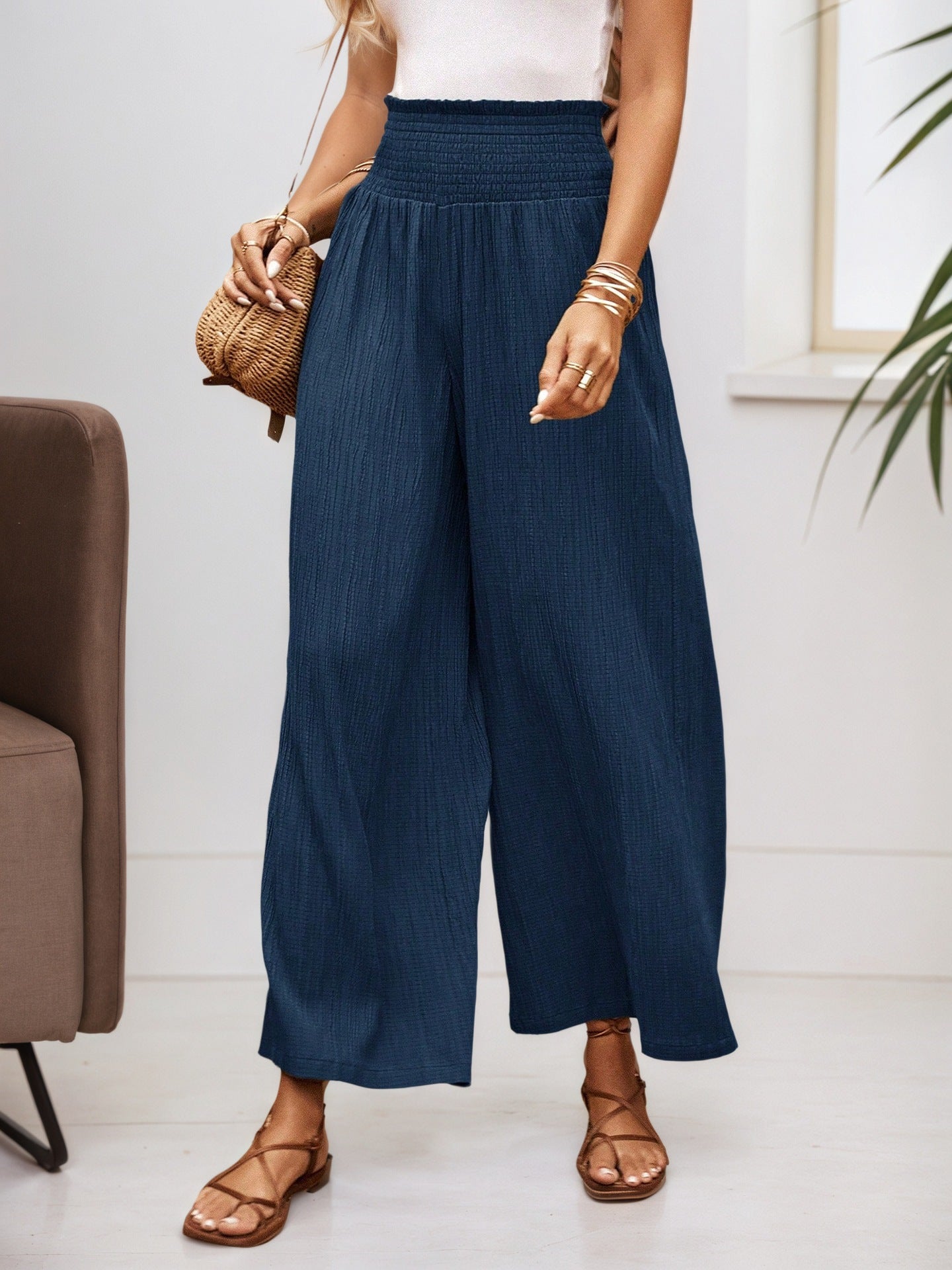 Textured Wide-Leg Trousers with Smocked High Waist