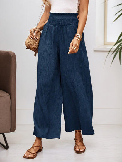 Textured Wide-Leg Trousers with Smocked High Waist