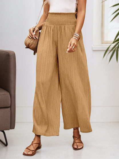 Textured Wide-Leg Trousers with Smocked High Waist