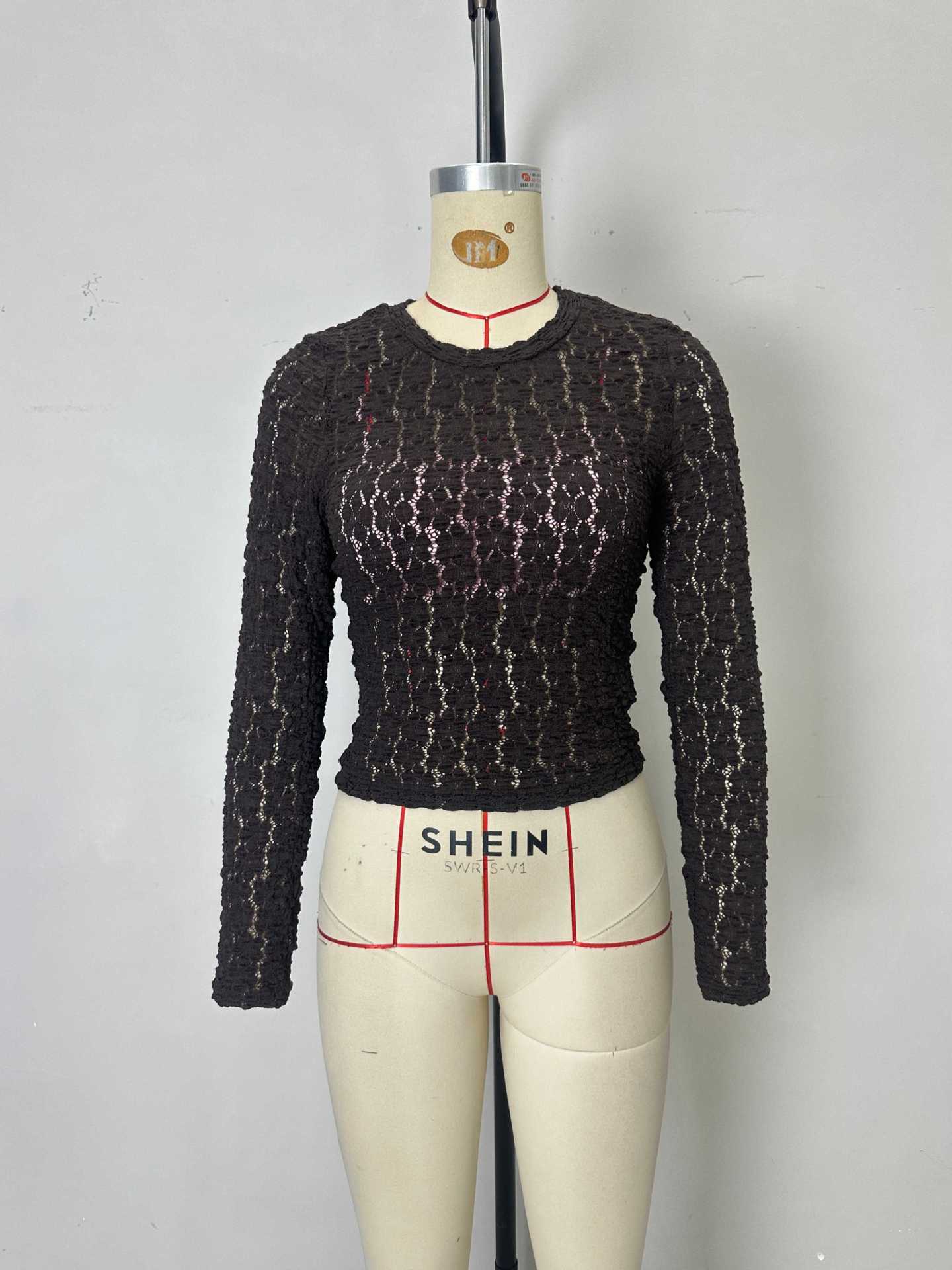 Bodycon Lace Long-Sleeve Top with Round Neck