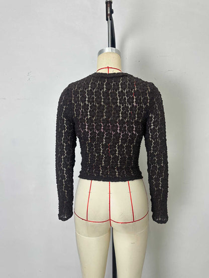 Bodycon Lace Long-Sleeve Top with Round Neck