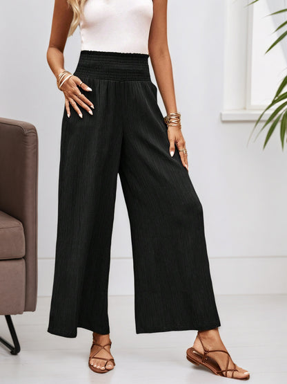 Textured Wide-Leg Trousers with Smocked High Waist