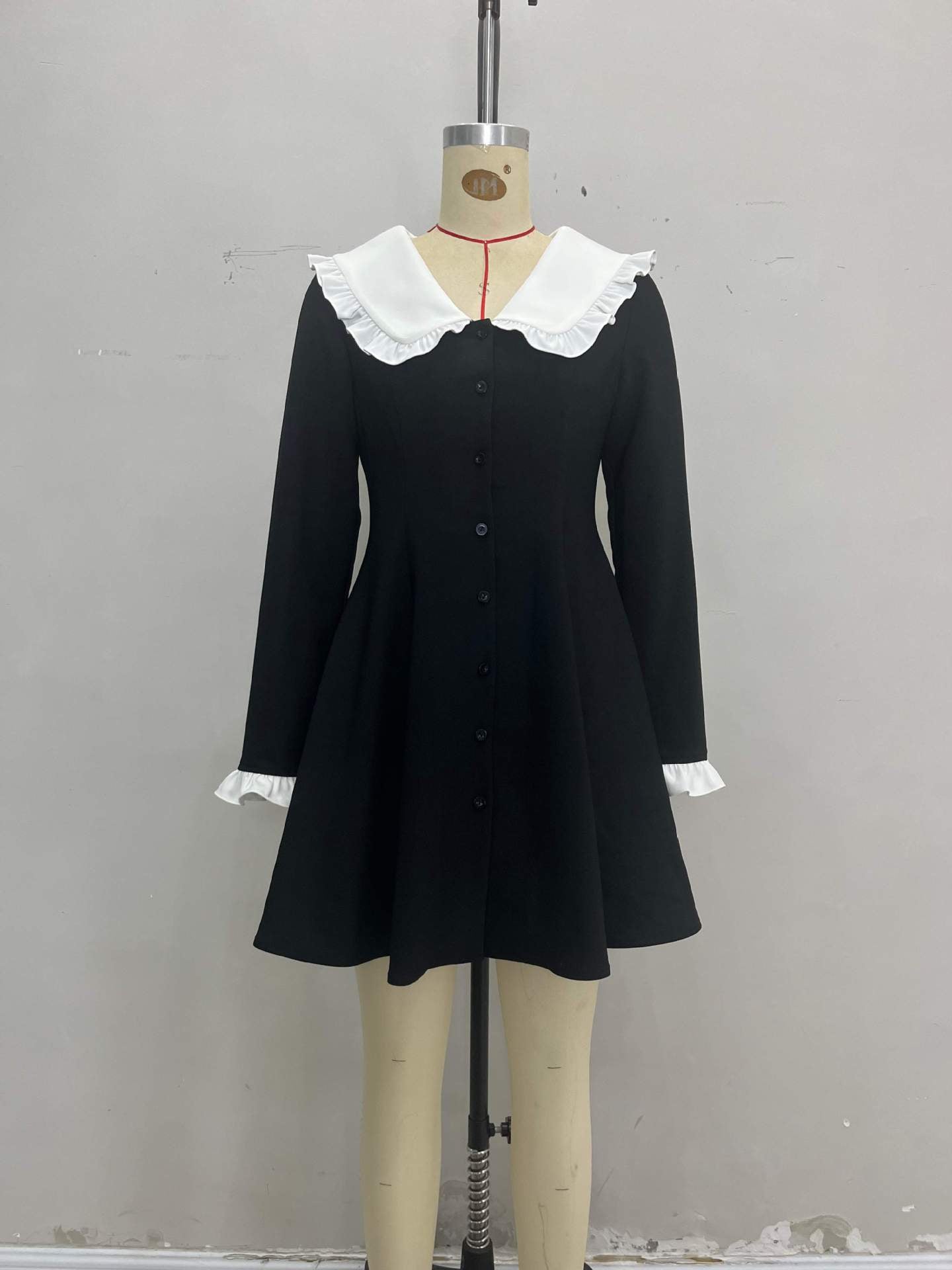 Fit-and-Flare Mini Dress with Doll Collar and Ruffled Cuffs