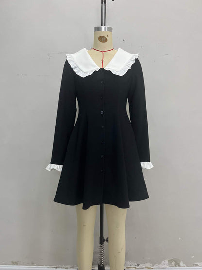 Fit-and-Flare Mini Dress with Doll Collar and Ruffled Cuffs