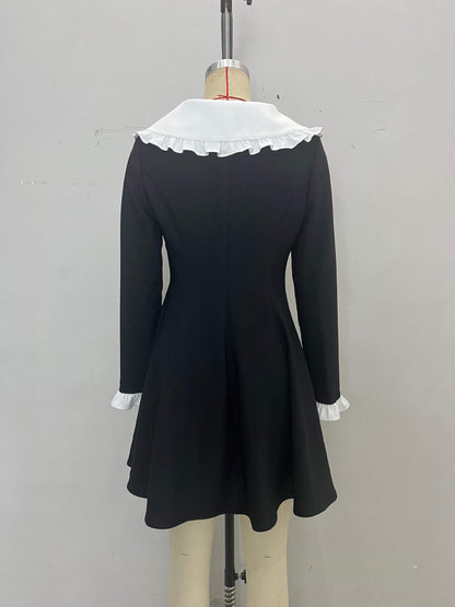 Fit-and-Flare Mini Dress with Doll Collar and Ruffled Cuffs