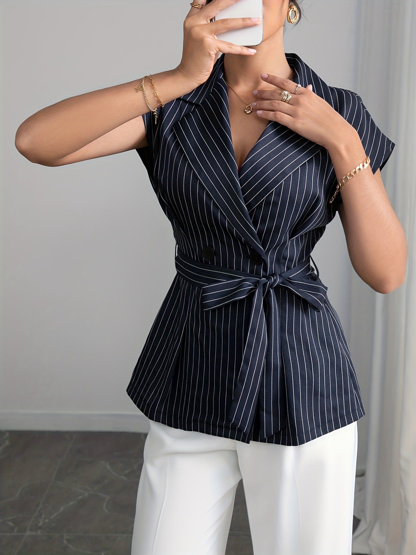 Pinstriped Blazer Top with Lapel Collar and Tie Waist