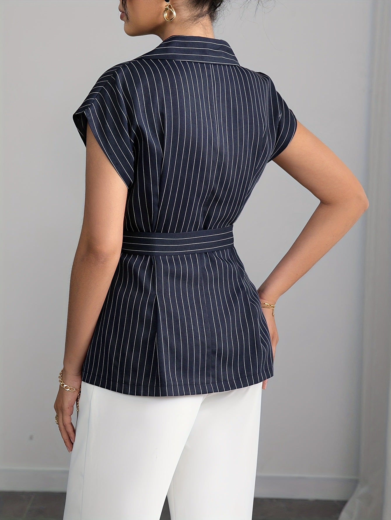 Pinstriped Blazer Top with Lapel Collar and Tie Waist