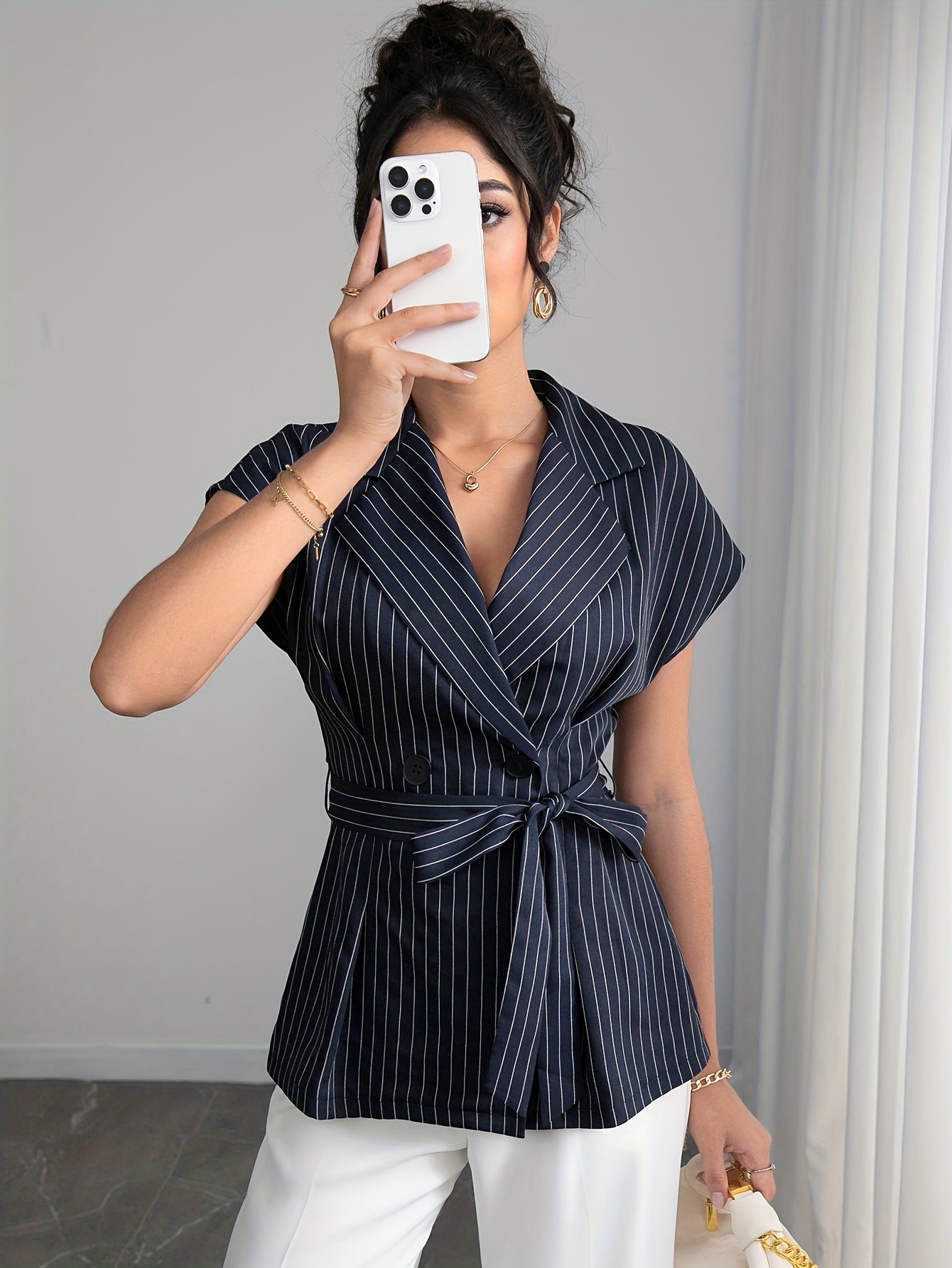 Pinstriped Blazer Top with Lapel Collar and Tie Waist