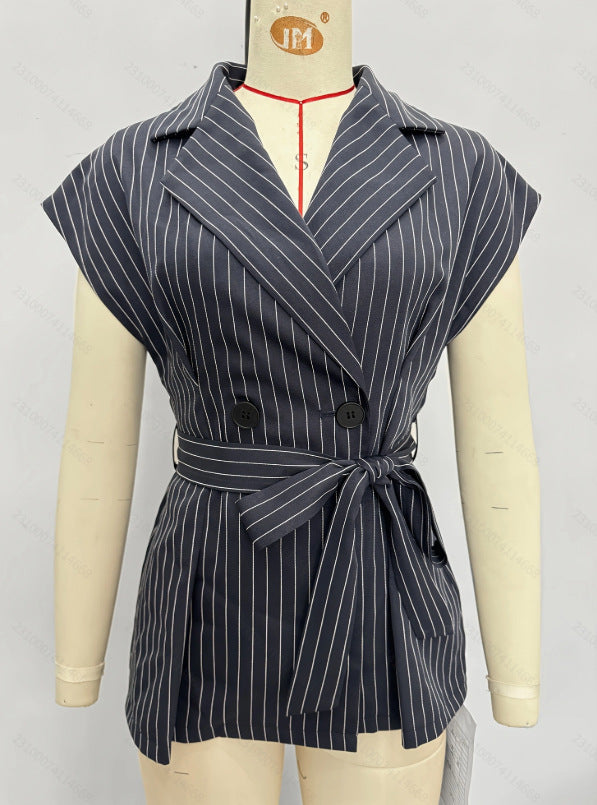 Pinstriped Blazer Top with Lapel Collar and Tie Waist