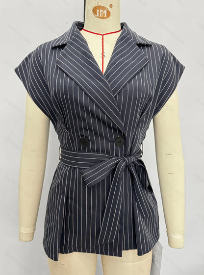 Pinstriped Blazer Top with Lapel Collar and Tie Waist