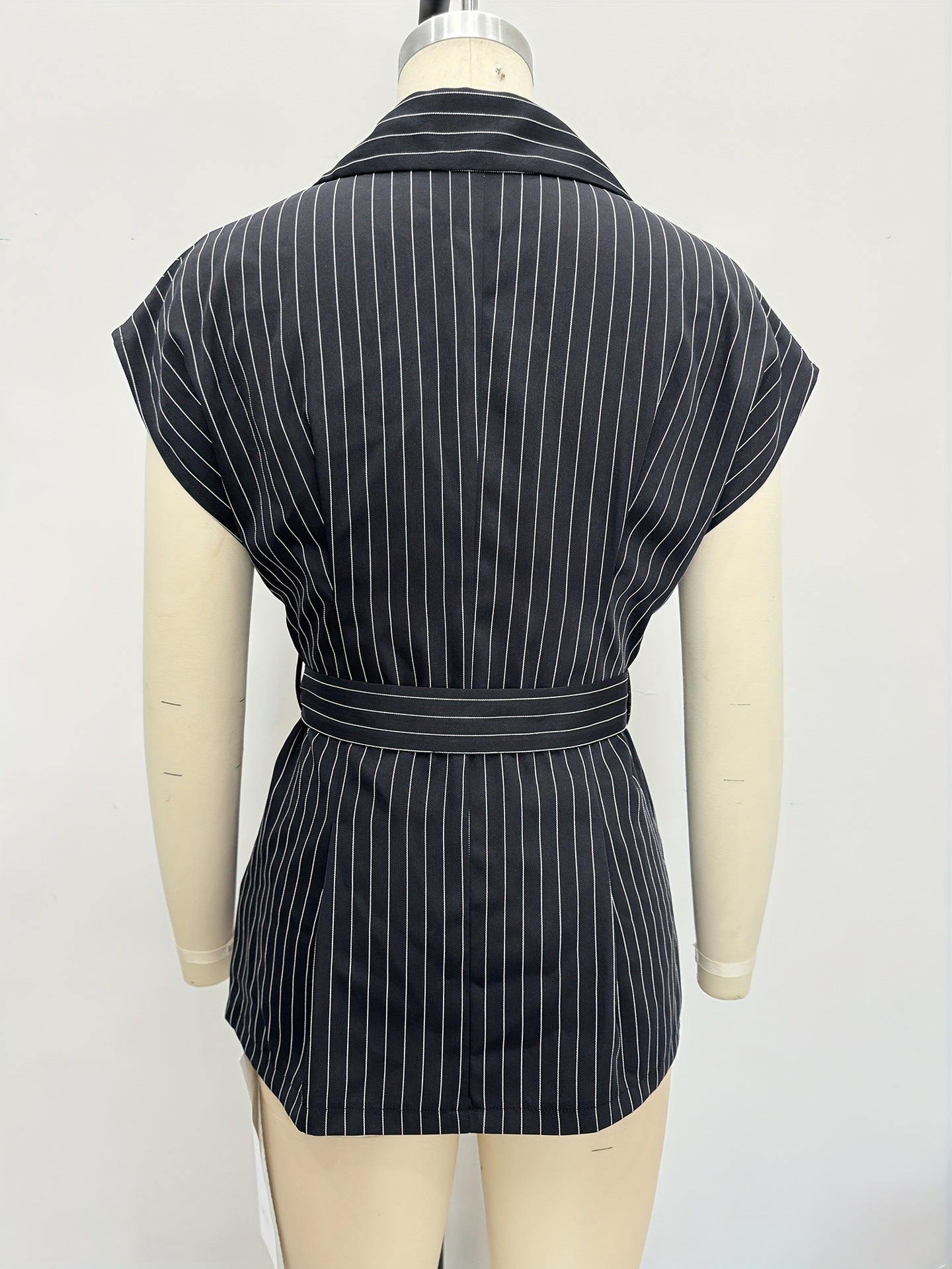 Pinstriped Blazer Top with Lapel Collar and Tie Waist