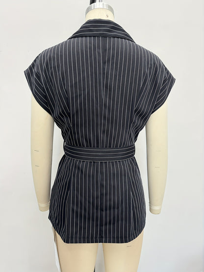 Pinstriped Blazer Top with Lapel Collar and Tie Waist