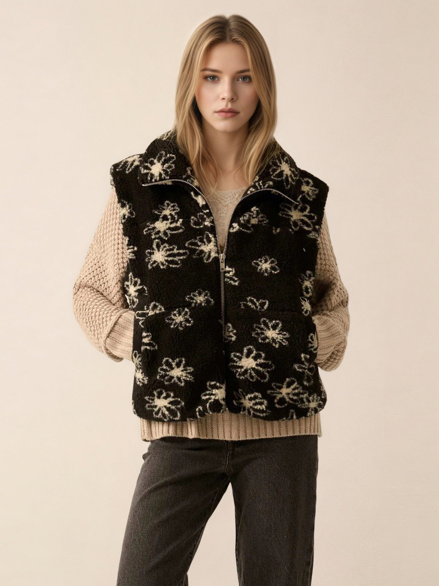 Floral Print Sherpa Vest with Lapel Collar