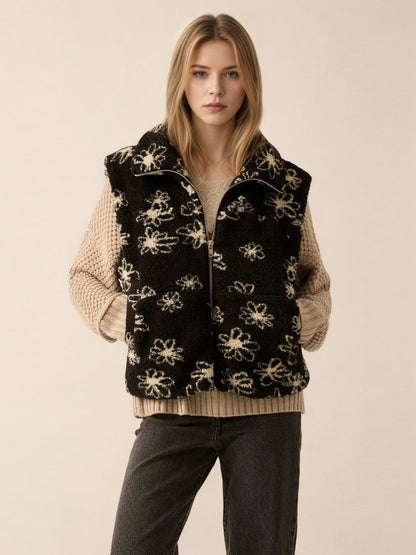Floral Print Sherpa Vest with Lapel Collar